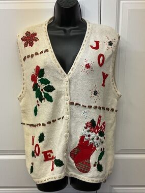 Bobbie Brooks Cream Holiday Knit Vest with Red & Green Appliqués